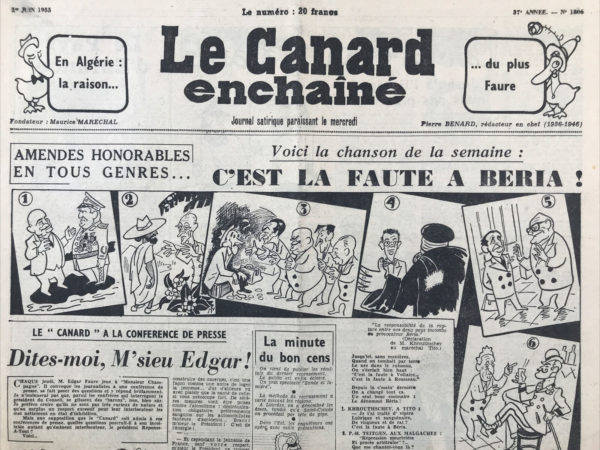 Couac ! | N° 1806 du Canard Enchaîné - 1 Juin 1955 | Nos Exemplaires du Canard Enchaîné sont archivés dans de bonnes conditions de conservation (obscurité, hygrométrie maitrisée et faible température), ce qui s'avère indispensable pour des journaux anciens. | 1806