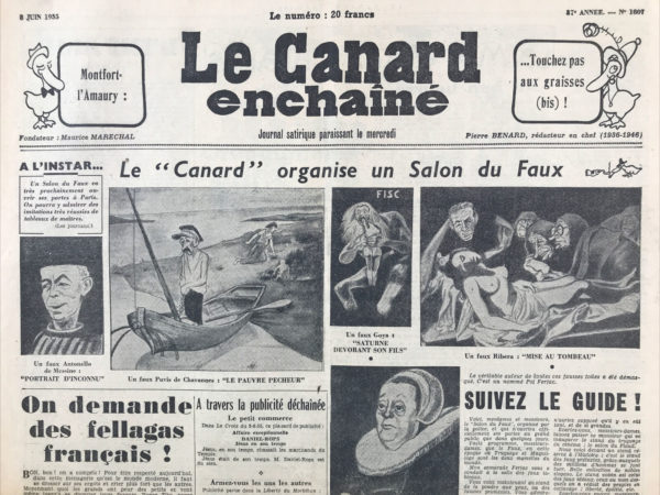 Couac ! | N° 1807 du Canard Enchaîné - 8 Juin 1955 | Nos Exemplaires du Canard Enchaîné sont archivés dans de bonnes conditions de conservation (obscurité, hygrométrie maitrisée et faible température), ce qui s'avère indispensable pour des journaux anciens. | 1807