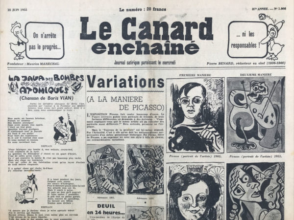 Couac ! | N° 1808 du Canard Enchaîné - 15 Juin 1955 | La Java des bombes atomiques (Chanson de Boris Vian) - Texte prémonitoire sur la course à l'armement nucléaire, dans laquelle la France rentrera en 1960 sous l'impulsion du général de Gaulle... | 1808