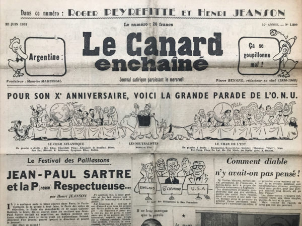 Couac ! | N° 1809 du Canard Enchaîné - 22 Juin 1955 | Nos Exemplaires du Canard Enchaîné sont archivés dans de bonnes conditions de conservation (obscurité, hygrométrie maitrisée et faible température), ce qui s'avère indispensable pour des journaux anciens. | 1809