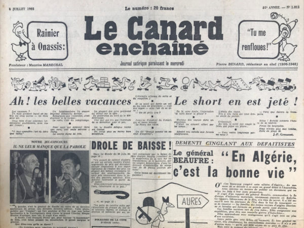 Couac ! | N° 1811 du Canard Enchaîné - 6 Juillet 1955 | Oiseaux du peuple, par René Fallet, à propos de La pluie et le beau temps de Jacques Prévert, et Le Bout-Galeux de Jean-Pierre Chabrol - | 1811