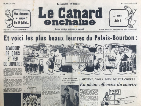 Couac ! | N° 1812 du Canard Enchaîné - 13 Juillet 1955 | Nos Exemplaires du Canard Enchaîné sont archivés dans de bonnes conditions de conservation (obscurité, hygrométrie maitrisée et faible température), ce qui s'avère indispensable pour des journaux anciens. | 1812