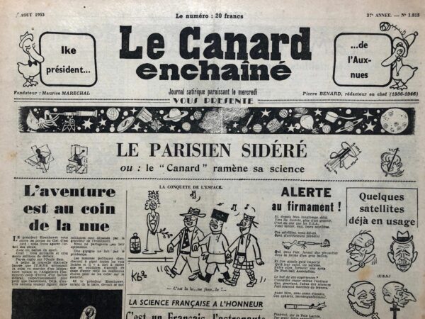 Couac ! | N° 1815 du Canard Enchaîné - 3 Août 1955 | Nos Exemplaires du Canard Enchaîné sont archivés dans de bonnes conditions de conservation (obscurité, hygrométrie maitrisée et faible température), ce qui s'avère indispensable pour des journaux anciens. | 1815 1