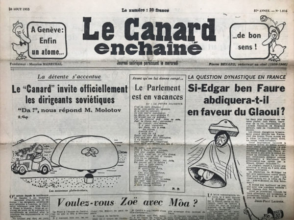 Couac ! | N° 1816 du Canard Enchaîné - 10 Août 1955 | Nos Exemplaires du Canard Enchaîné sont archivés dans de bonnes conditions de conservation (obscurité, hygrométrie maitrisée et faible température), ce qui s'avère indispensable pour des journaux anciens. | 1816