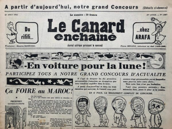 Couac ! | N° 1817 du Canard Enchaîné - 17 Août 1955 | Nos Exemplaires du Canard Enchaîné sont archivés dans de bonnes conditions de conservation (obscurité, hygrométrie maitrisée et faible température), ce qui s'avère indispensable pour des journaux anciens. | 1817 1