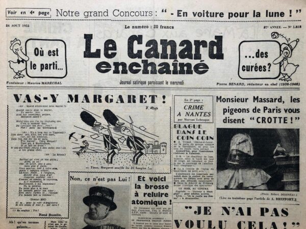 Couac ! | N° 1818 du Canard Enchaîné - 24 Août 1955 | Nos Exemplaires du Canard Enchaîné sont archivés dans de bonnes conditions de conservation (obscurité, hygrométrie maitrisée et faible température), ce qui s'avère indispensable pour des journaux anciens. | 1818 1