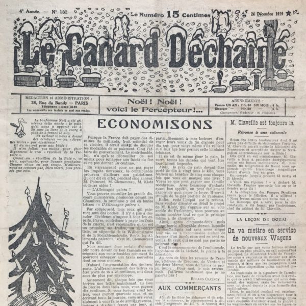 Couac ! | N° 182 du Canard Enchaîné - 24 Décembre 1919 | Nos Exemplaires du Canard Enchaîné sont archivés dans de bonnes conditions de conservation (obscurité, hygrométrie maitrisée et faible température), ce qui s'avère indispensable pour des journaux anciens. | 182