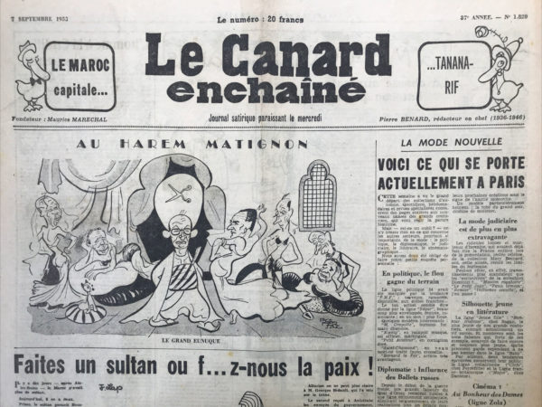 Couac ! | N° 1820 du Canard Enchaîné - 7 Septembre 1955 | Nos Exemplaires du Canard Enchaîné sont archivés dans de bonnes conditions de conservation (obscurité, hygrométrie maitrisée et faible température), ce qui s'avère indispensable pour des journaux anciens. | 1820