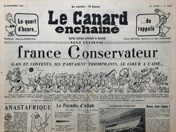 Couac ! | N° 1821 du Canard Enchaîné - 14 Septembre 1955 | Nos Exemplaires du Canard Enchaîné sont archivés dans de bonnes conditions de conservation (obscurité, hygrométrie maitrisée et faible température), ce qui s'avère indispensable pour des journaux anciens. | 1821 1