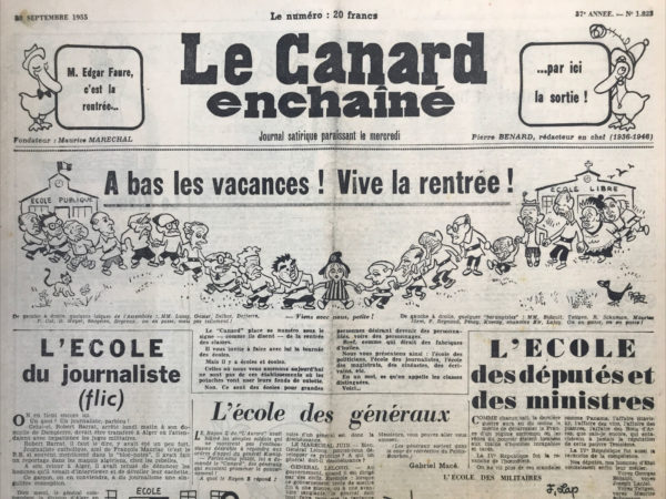 Couac ! | N° 1823 du Canard Enchaîné - 28 Septembre 1955 | Nos Exemplaires du Canard Enchaîné sont archivés dans de bonnes conditions de conservation (obscurité, hygrométrie maitrisée et faible température), ce qui s'avère indispensable pour des journaux anciens. | 1823