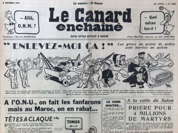 Couac ! | N° 1824 du Canard Enchaîné - 5 Octobre 1955 | Nos Exemplaires du Canard Enchaîné sont archivés dans de bonnes conditions de conservation (obscurité, hygrométrie maitrisée et faible température), ce qui s'avère indispensable pour des journaux anciens. | 1824