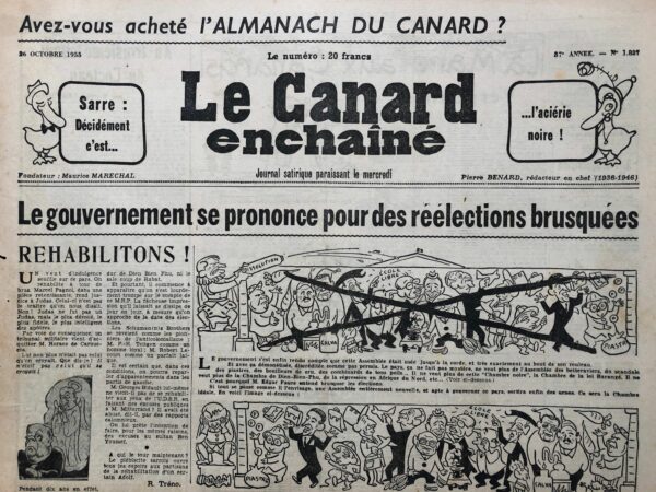 Couac ! | N° 1827 du Canard Enchaîné - 26 Octobre 1955 | Nos Exemplaires du Canard Enchaîné sont archivés dans de bonnes conditions de conservation (obscurité, hygrométrie maitrisée et faible température), ce qui s'avère indispensable pour des journaux anciens. | 1827 1