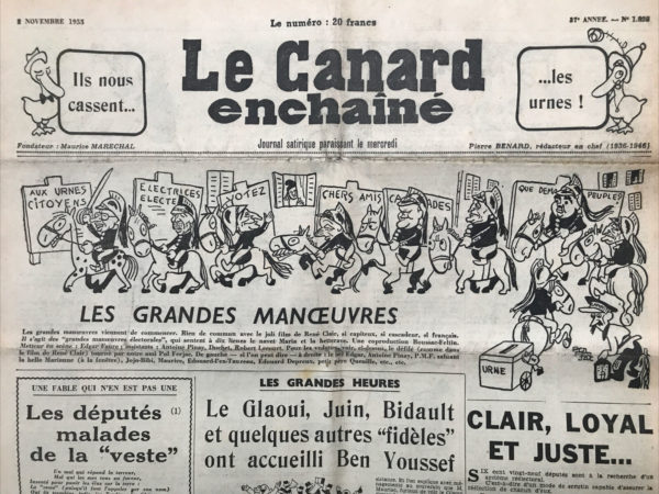 Couac ! | N° 1828 du Canard Enchaîné - 2 Novembre 1955 | Nos Exemplaires du Canard Enchaîné sont archivés dans de bonnes conditions de conservation (obscurité, hygrométrie maitrisée et faible température), ce qui s'avère indispensable pour des journaux anciens. | 1828