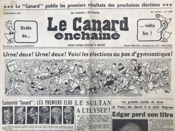 Couac ! | N° 1829 du Canard Enchaîné - 9 Novembre 1955 | Nos Exemplaires du Canard Enchaîné sont archivés dans de bonnes conditions de conservation (obscurité, hygrométrie maitrisée et faible température), ce qui s'avère indispensable pour des journaux anciens. | 1829