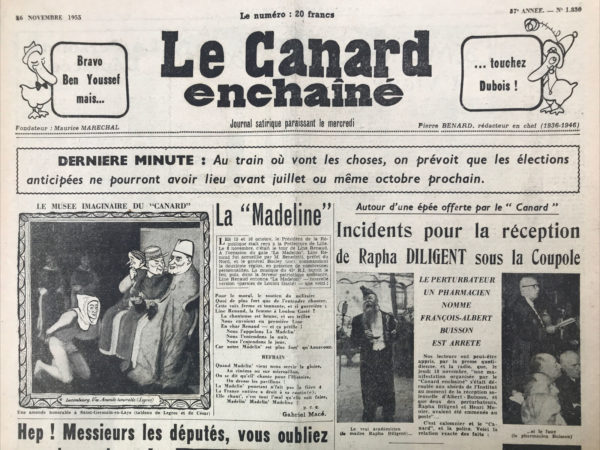 Couac ! | N° 1830 du Canard Enchaîné - 16 Novembre 1955 | Nos Exemplaires du Canard Enchaîné sont archivés dans de bonnes conditions de conservation (obscurité, hygrométrie maitrisée et faible température), ce qui s'avère indispensable pour des journaux anciens. | 1830