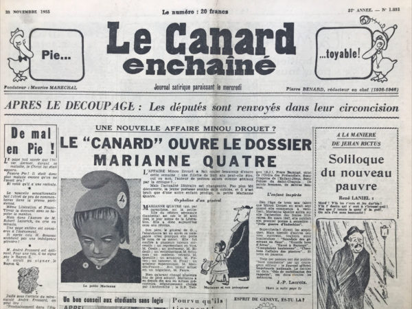 Couac ! | N° 1831 du Canard Enchaîné - 23 Novembre 1955 | Nos Exemplaires du Canard Enchaîné sont archivés dans de bonnes conditions de conservation (obscurité, hygrométrie maitrisée et faible température), ce qui s'avère indispensable pour des journaux anciens. | 1831