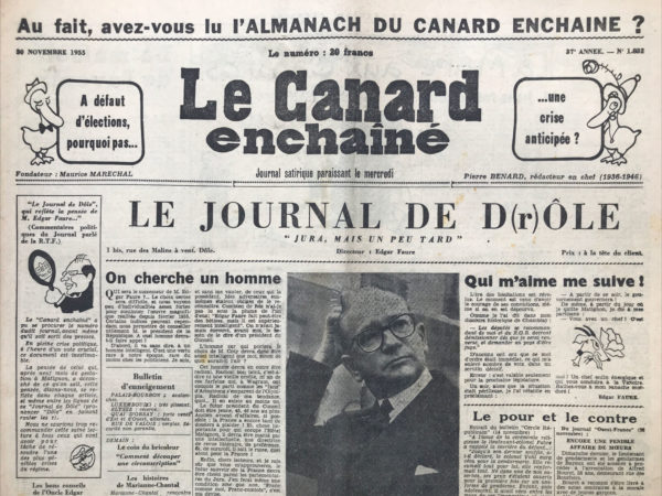 Couac ! | N° 1832 du Canard Enchaîné - 30 Novembre 1955 | Nos Exemplaires du Canard Enchaîné sont archivés dans de bonnes conditions de conservation (obscurité, hygrométrie maitrisée et faible température), ce qui s'avère indispensable pour des journaux anciens. | 1832