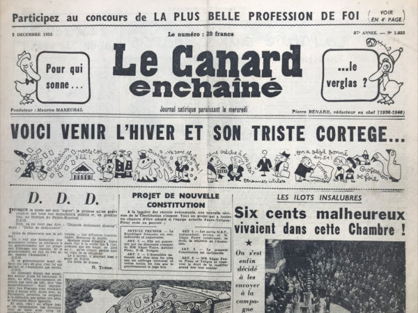 Couac ! | N° 1833 du Canard Enchaîné - 7 Décembre 1955 | Nos Exemplaires du Canard Enchaîné sont archivés dans de bonnes conditions de conservation (obscurité, hygrométrie maitrisée et faible température), ce qui s'avère indispensable pour des journaux anciens. | 1833