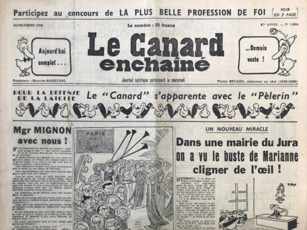 Couac ! | N° 1834 du Canard Enchaîné - 14 Décembre 1955 | Nos Exemplaires du Canard Enchaîné sont archivés dans de bonnes conditions de conservation (obscurité, hygrométrie maitrisée et faible température), ce qui s'avère indispensable pour des journaux anciens. | 1834