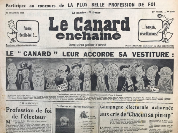 Couac ! | N° 1835 du Canard Enchaîné - 21 Décembre 1955 | Nos Exemplaires du Canard Enchaîné sont archivés dans de bonnes conditions de conservation (obscurité, hygrométrie maitrisée et faible température), ce qui s'avère indispensable pour des journaux anciens. | 1835