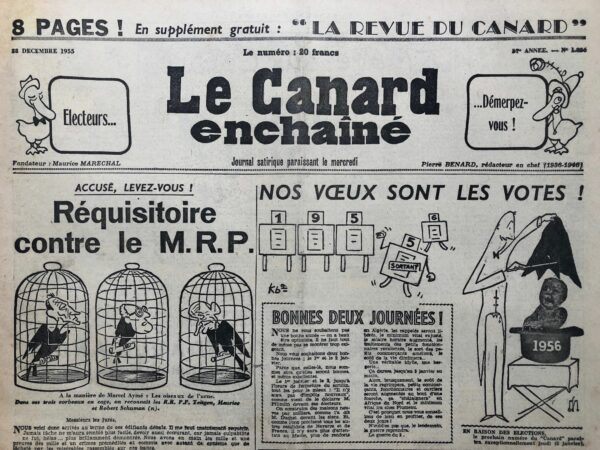 Couac ! | N° 1836 du Canard Enchaîné - 28 Décembre 1955 | Accusé, levez-vous ! Réquisitoire contre le M.R.P. par Henri Jeanson - Le Mouvement Républicain Populaire, fondé par Georges Bidault et Maurice Schumann dans le collimateur du Canard. Outre ses implications dans la collaboration, son esprit colonialiste et participation à des scandales financiers, il est ici taxé d'ultra cléricalisme et d'assujettissement au Vatican. L'Ecole, le Cinéma, la Radio et la Télévision ... les tentacules sont nombreuses. | 1836 1