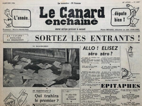 Couac ! | N° 1837 du Canard Enchaîné - 4 Janvier 1956 | Nos Exemplaires du Canard Enchaîné sont archivés dans de bonnes conditions de conservation (obscurité, hygrométrie maitrisée et faible température), ce qui s'avère indispensable pour des journaux anciens. | 1837 1