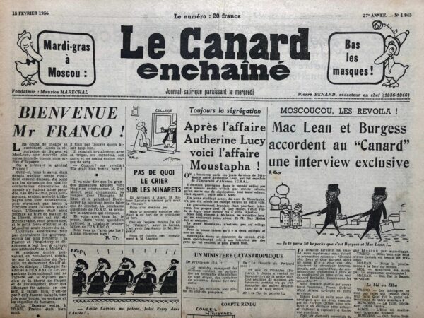 Couac ! | N° 1843 du Canard Enchaîné - 15 Février 1956 | Nos Exemplaires du Canard Enchaîné sont archivés dans de bonnes conditions de conservation (obscurité, hygrométrie maitrisée et faible température), ce qui s'avère indispensable pour des journaux anciens. | 1843 1