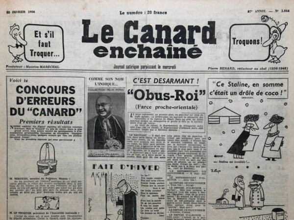 Couac ! | N° 1844 du Canard Enchaîné - 22 Février 1956 | Nos Exemplaires du Canard Enchaîné sont archivés dans de bonnes conditions de conservation (obscurité, hygrométrie maitrisée et faible température), ce qui s'avère indispensable pour des journaux anciens. | 1844 1