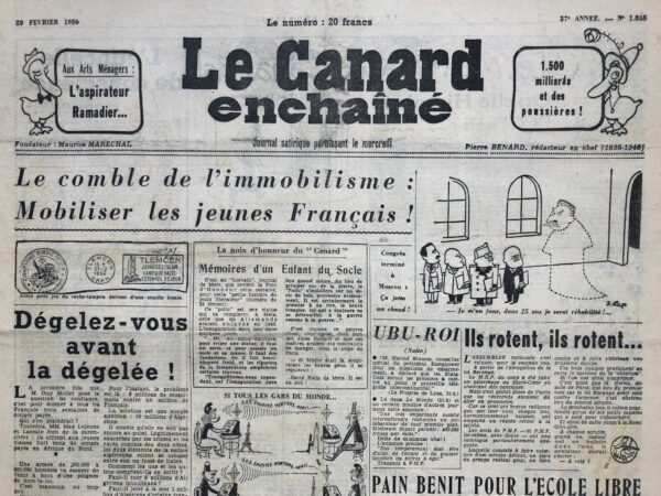 Couac ! | N° 1845 du Canard Enchaîné - 29 Février 1956 | Cessez la boucherie ! par R. Tréno - Nul besoin de camoufler les attentats commis en Algérie, par une certaine presse anticolonialiste. Tréno avec le Canard mais aussi Camus et d'autres, le lâche attentat contre des civils, de la lutte armée pour son indépendance... | 1845 1