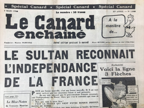 Couac ! | N° 1846 du Canard Enchaîné - 7 Mars 1956 | Nos Exemplaires du Canard Enchaîné sont archivés dans de bonnes conditions de conservation (obscurité, hygrométrie maitrisée et faible température), ce qui s'avère indispensable pour des journaux anciens. | 1846