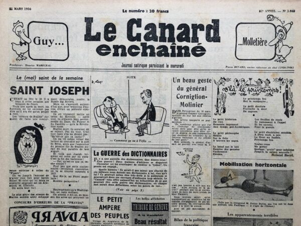 Couac ! | N° 1848 du Canard Enchaîné - 21 Mars 1956 | Nos Exemplaires du Canard Enchaîné sont archivés dans de bonnes conditions de conservation (obscurité, hygrométrie maitrisée et faible température), ce qui s'avère indispensable pour des journaux anciens. | 1848 1