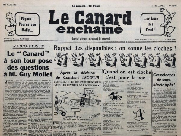 Couac ! | N° 1849 du Canard Enchaîné - 28 Mars 1956 | Nos Exemplaires du Canard Enchaîné sont archivés dans de bonnes conditions de conservation (obscurité, hygrométrie maitrisée et faible température), ce qui s'avère indispensable pour des journaux anciens. | 1849 1