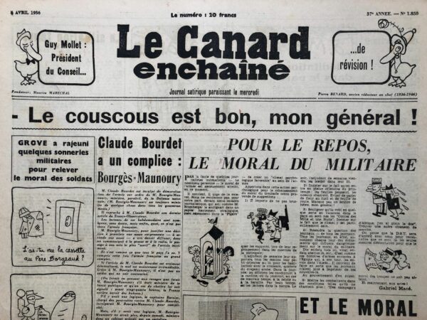 Couac ! | N° 1850 du Canard Enchaîné - 4 Avril 1956 | Nos Exemplaires du Canard Enchaîné sont archivés dans de bonnes conditions de conservation (obscurité, hygrométrie maitrisée et faible température), ce qui s'avère indispensable pour des journaux anciens. | 1850 1