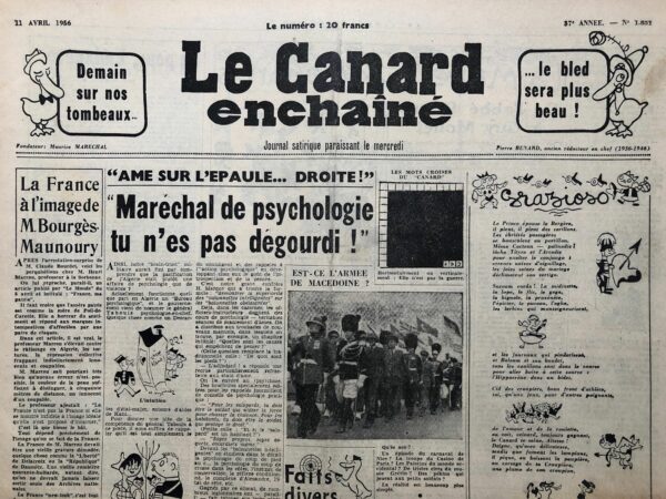 Couac ! | N° 1851 du Canard Enchaîné - 11 Avril 1956 | M.GUY MOLLET COLLECTIONNE LES POUPEES/DESSIN-LA MARE AUX CANARDS/DE L'ABBE PIERRE A GUY MOLLET-GRACE KELLY OU LA PRINCESSE MONNAIE CASQUE/PHOTO-VIVE POPOV/DESSIN/CIRQUE-LETTRES OU PAS LETTRES/M.SIMENON SAISI PAR LA DEBAUCHE. | 1851 1