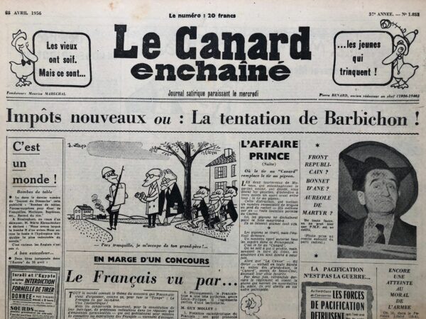 Couac ! | N° 1853 du Canard Enchaîné - 25 Avril 1956 | Nos Exemplaires du Canard Enchaîné sont archivés dans de bonnes conditions de conservation (obscurité, hygrométrie maitrisée et faible température), ce qui s'avère indispensable pour des journaux anciens. | 1853 1