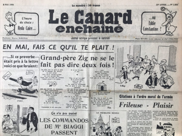 Couac ! | N° 1854 du Canard Enchaîné - 2 Mai 1956 | Nos Exemplaires du Canard Enchaîné sont archivés dans de bonnes conditions de conservation (obscurité, hygrométrie maitrisée et faible température), ce qui s'avère indispensable pour des journaux anciens. | 1854