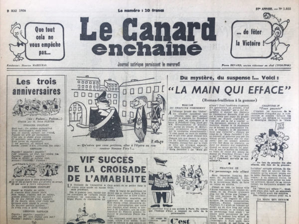 Couac ! | N° 1855 du Canard Enchaîné - 9 Mai 1956 | Nos Exemplaires du Canard Enchaîné sont archivés dans de bonnes conditions de conservation (obscurité, hygrométrie maitrisée et faible température), ce qui s'avère indispensable pour des journaux anciens. | 1855