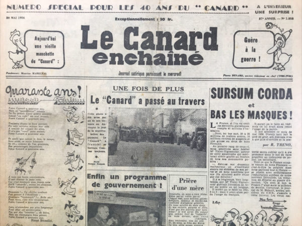 Couac ! | N° 1858 du Canard Enchaîné - 30 Mai 1956 | Nos Exemplaires du Canard Enchaîné sont archivés dans de bonnes conditions de conservation (obscurité, hygrométrie maitrisée et faible température), ce qui s'avère indispensable pour des journaux anciens. | 1858