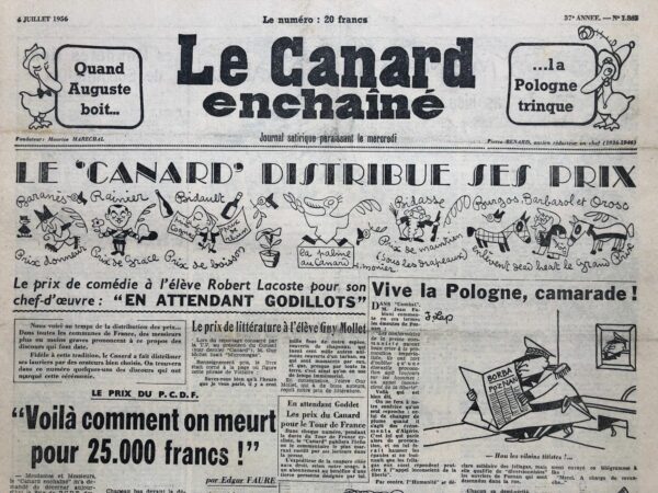 Couac ! | N° 1863 du Canard Enchaîné - 4 Juillet 1956 | Nos Exemplaires du Canard Enchaîné sont archivés dans de bonnes conditions de conservation (obscurité, hygrométrie maitrisée et faible température), ce qui s'avère indispensable pour des journaux anciens. | 1863 2