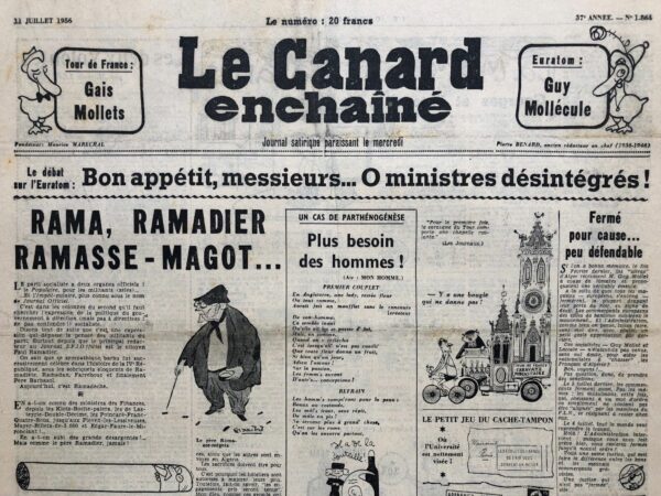 Couac ! | N° 1864 du Canard Enchaîné - 11 Juillet 1956 | Nos Exemplaires du Canard Enchaîné sont archivés dans de bonnes conditions de conservation (obscurité, hygrométrie maitrisée et faible température), ce qui s'avère indispensable pour des journaux anciens. | 1864 1