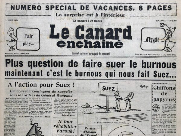 Couac ! | N° 1867 du Canard Enchaîné - 1 Août 1956 | A l'action pour Suez ! par Gabriel Macé, qui ironise avant l'intervention anglo-française sur une réaction des actionnaires de Suez, organisée en armée... | 1867 1