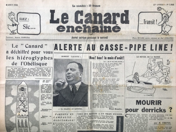 Couac ! | N° 1868 du Canard Enchaîné - 8 Août 1956 | Nos Exemplaires du Canard Enchaîné sont archivés dans de bonnes conditions de conservation (obscurité, hygrométrie maitrisée et faible température), ce qui s'avère indispensable pour des journaux anciens. | 1868