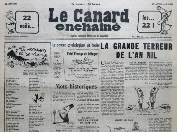 Couac ! | N° 1869 du Canard Enchaîné - 15 Août 1956 | Nos Exemplaires du Canard Enchaîné sont archivés dans de bonnes conditions de conservation (obscurité, hygrométrie maitrisée et faible température), ce qui s'avère indispensable pour des journaux anciens. | 1869 1