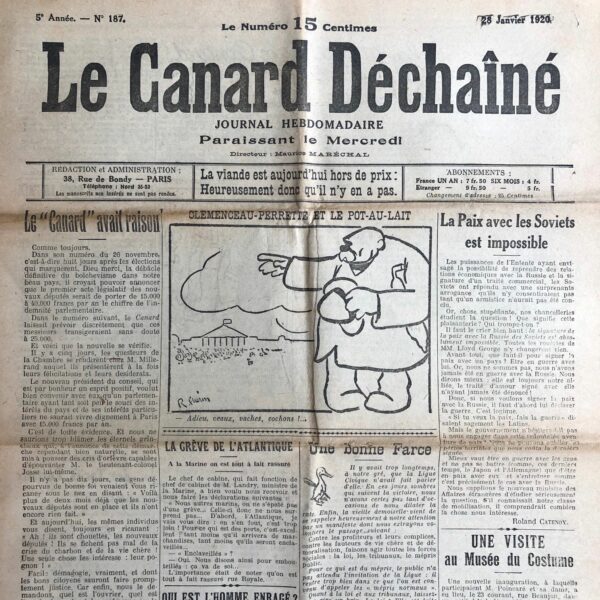 Couac ! | N° 187 du Canard Enchaîné - 28 Janvier 1920 | Nos Exemplaires du Canard Enchaîné sont archivés dans de bonnes conditions de conservation (obscurité, hygrométrie maitrisée et faible température), ce qui s'avère indispensable pour des journaux anciens. | 187 1 rotated