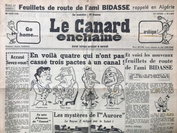 Couac ! | N° 1870 du Canard Enchaîné - 22 Août 1956 | Nos Exemplaires du Canard Enchaîné sont archivés dans de bonnes conditions de conservation (obscurité, hygrométrie maitrisée et faible température), ce qui s'avère indispensable pour des journaux anciens. | 1870