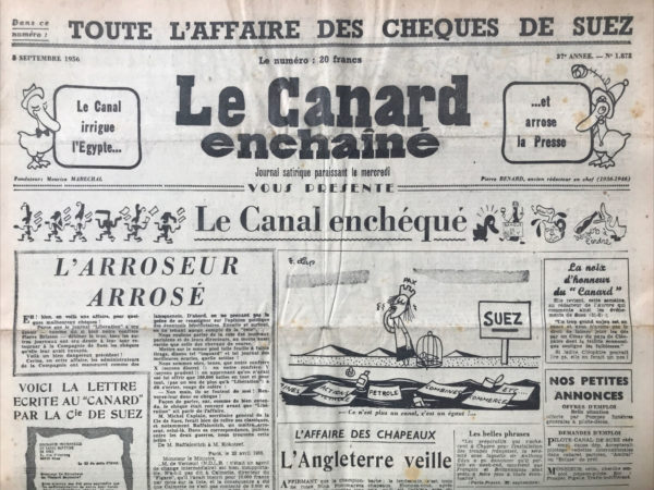 Couac ! | N° 1872 du Canard Enchaîné - 5 Septembre 1956 | Nos Exemplaires du Canard Enchaîné sont archivés dans de bonnes conditions de conservation (obscurité, hygrométrie maitrisée et faible température), ce qui s'avère indispensable pour des journaux anciens. | 1872