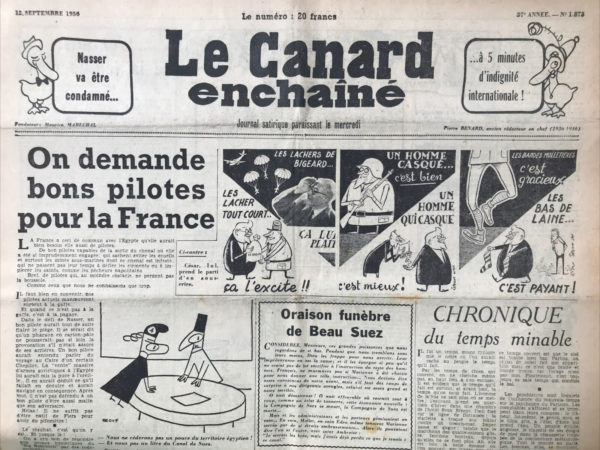 Couac ! | N° 1873 du Canard Enchaîné - 12 Septembre 1956 | Nos Exemplaires du Canard Enchaîné sont archivés dans de bonnes conditions de conservation (obscurité, hygrométrie maitrisée et faible température), ce qui s'avère indispensable pour des journaux anciens. | 1873