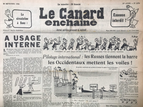 Couac ! | N° 1874 du Canard Enchaîné - 19 Septembre 1956 | Nos Exemplaires du Canard Enchaîné sont archivés dans de bonnes conditions de conservation (obscurité, hygrométrie maitrisée et faible température), ce qui s'avère indispensable pour des journaux anciens. | 1874