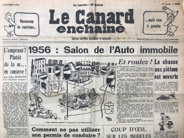 Couac ! | N° 1876 du Canard Enchaîné - 3 Octobre 1956 | Nos Exemplaires du Canard Enchaîné sont archivés dans de bonnes conditions de conservation (obscurité, hygrométrie maitrisée et faible température), ce qui s'avère indispensable pour des journaux anciens. | 1876