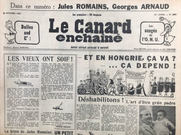 Couac ! | N° 1877 du Canard Enchaîné - 10 Octobre 1956 | Nos Exemplaires du Canard Enchaîné sont archivés dans de bonnes conditions de conservation (obscurité, hygrométrie maitrisée et faible température), ce qui s'avère indispensable pour des journaux anciens. | 1877